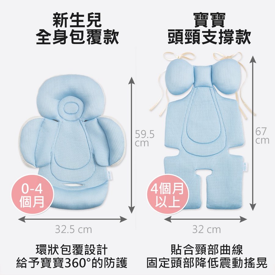 air cossi 透氣抗菌天絲推車坐墊-頭頸支撐款(4m-3y)(輕柔藍)(綁帶款)